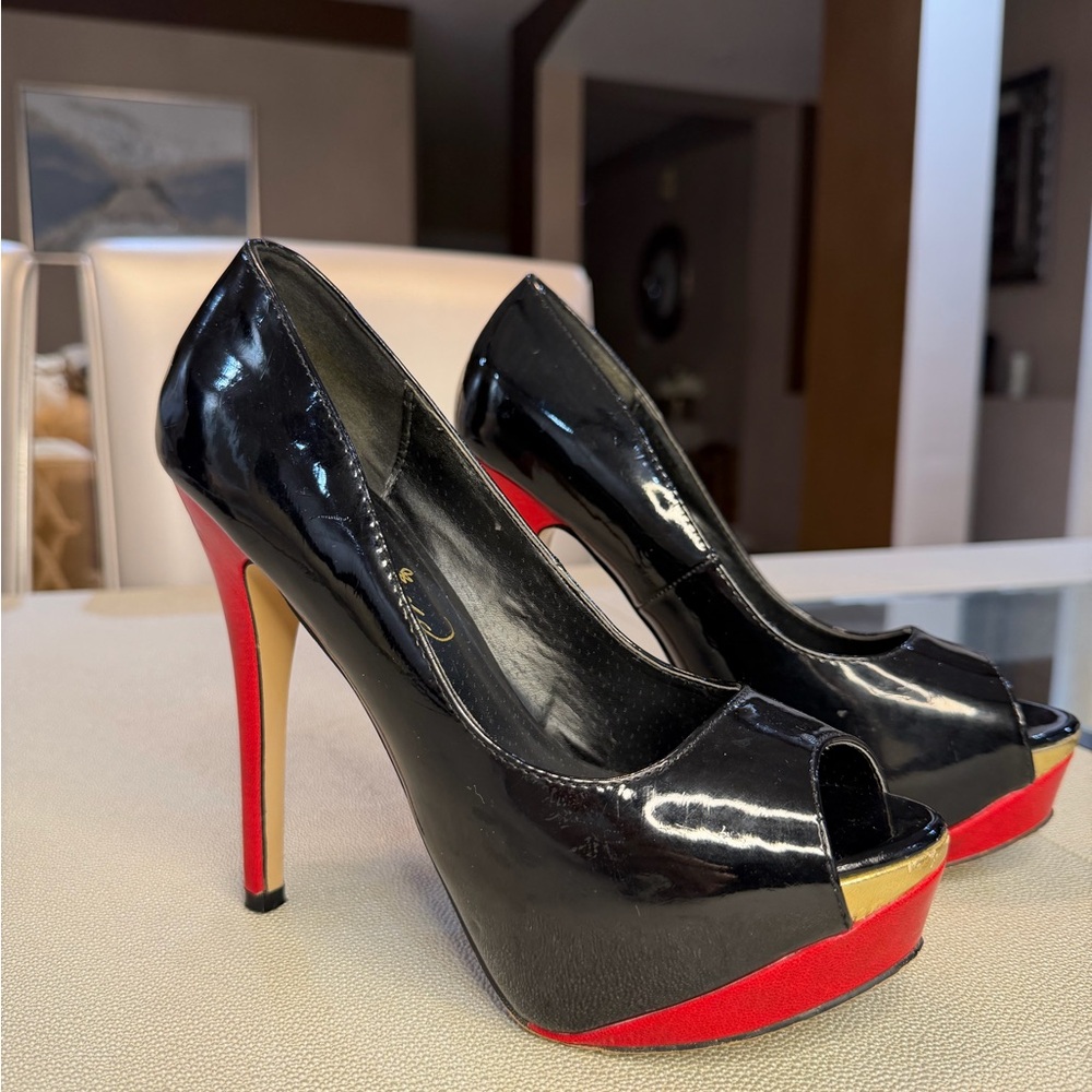 Elegant Black and Red Peep Toe Heels